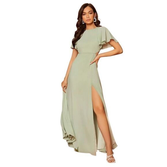 Belle Cut Out Back Split Thigh Green Mint Maxi Gown Large - Picture 1 of 6